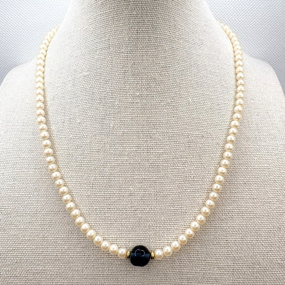 Vintage Monet Faux Pearl Blue Glass Round Beaded Choker Necklace Gold Tone 16"